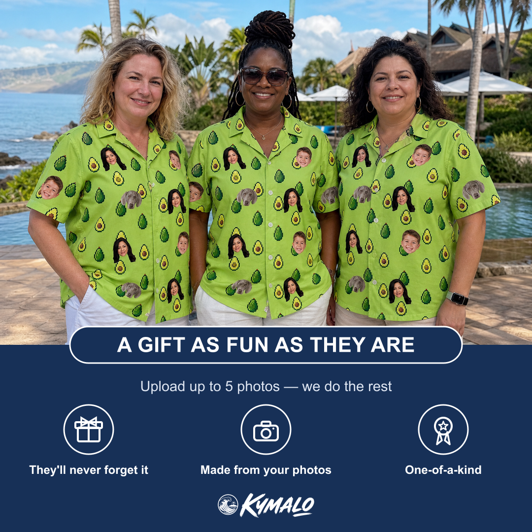 Friends in matching Women's Avo Groove Custom Face Hawaiian Shirt — a group gift photo