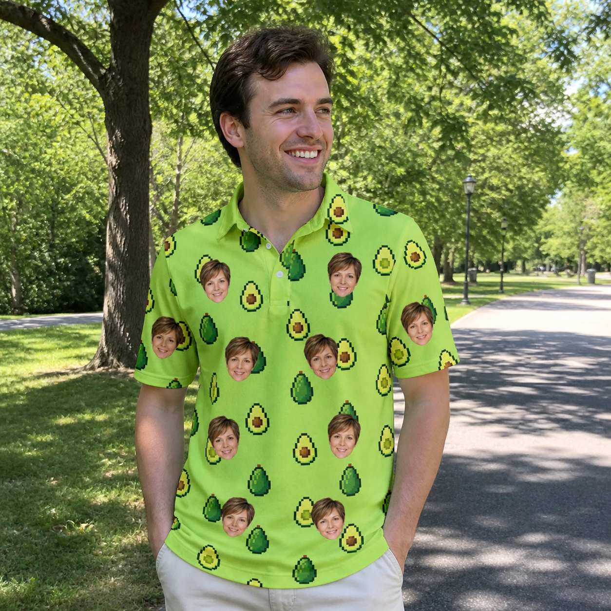 Real-life photo of someone wearing Men's Avo Groove Custom Face Polo Shirt — custom faces printed all-over