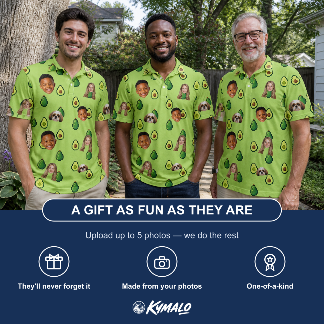 Friends in matching Men's Avo Groove Custom Face Polo Shirt — a group gift photo