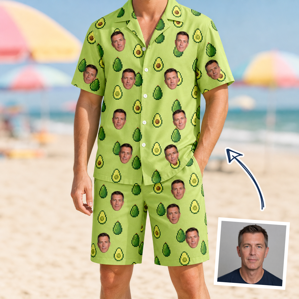 Man wearing Men's Avo Groove Custom Face Shirt & Shorts Set — custom faces printed all-over