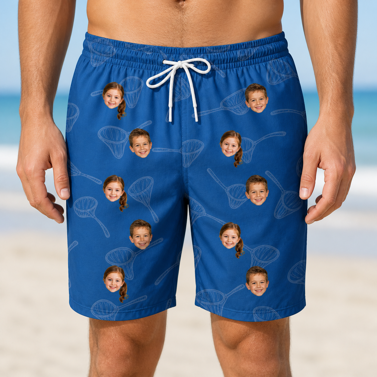Model wearing Men's Net Results Custom Face Beach Shorts printed with kids' faces