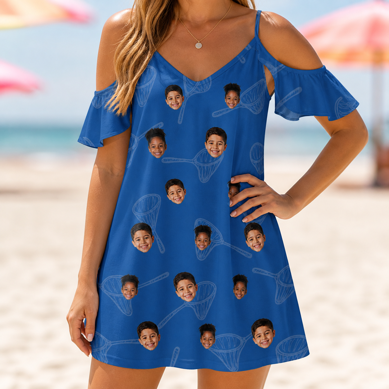 Model wearing Women's Net Results Custom Face Off-Shoulder Dress printed with kids' faces