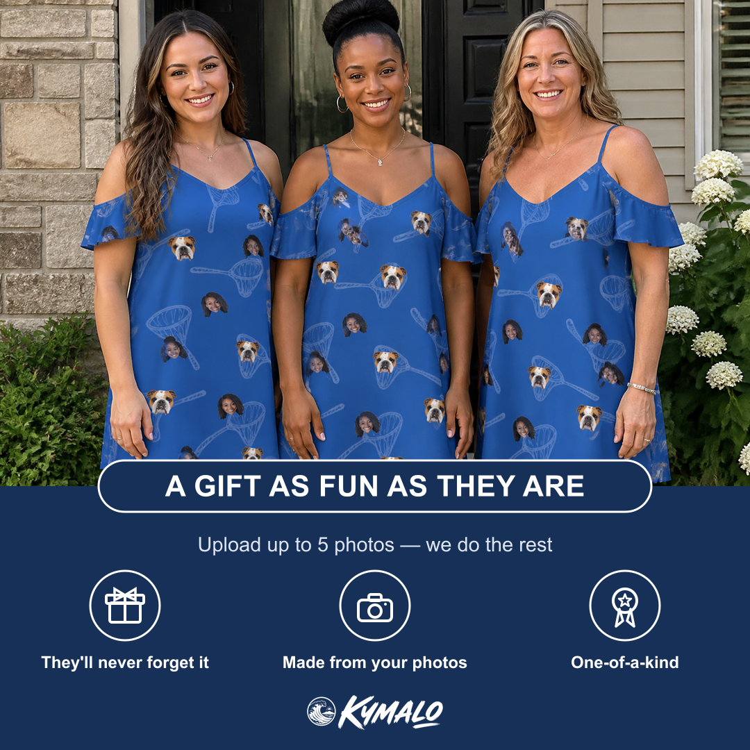 Friends in matching Women's Net Results Custom Face Off-Shoulder Dress — a group gift photo