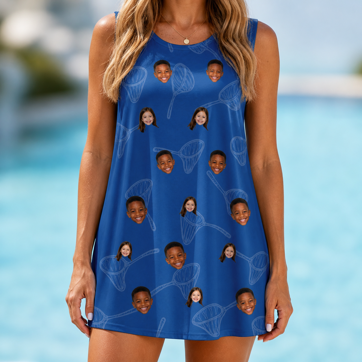 Model wearing Women's Net Results Custom Face Tank Dress printed with kids' faces