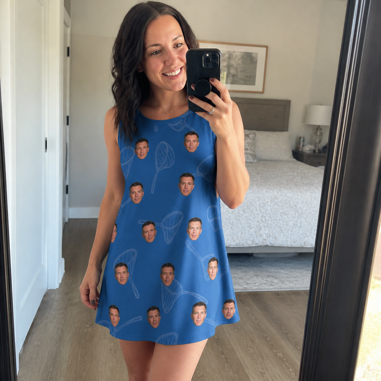 Real-life photo of someone wearing Women's Net Results Custom Face Tank Dress — custom faces printed all-over
