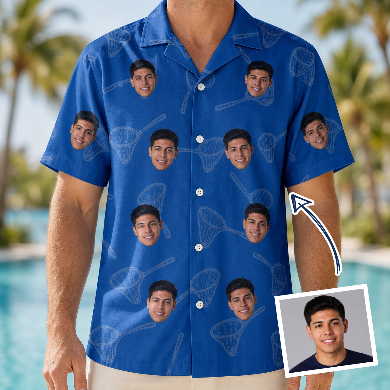 Man wearing Men's Net Results Custom Face Hawaiian Shirt — custom faces printed all-over