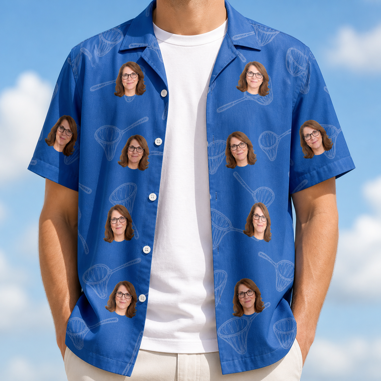 Man wearing Men's Net Results Custom Face Hawaiian Shirt open over a white tee
