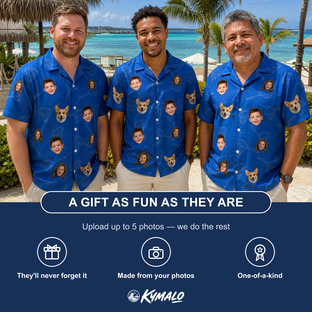 Friends in matching Men's Net Results Custom Face Hawaiian Shirt — a group gift photo