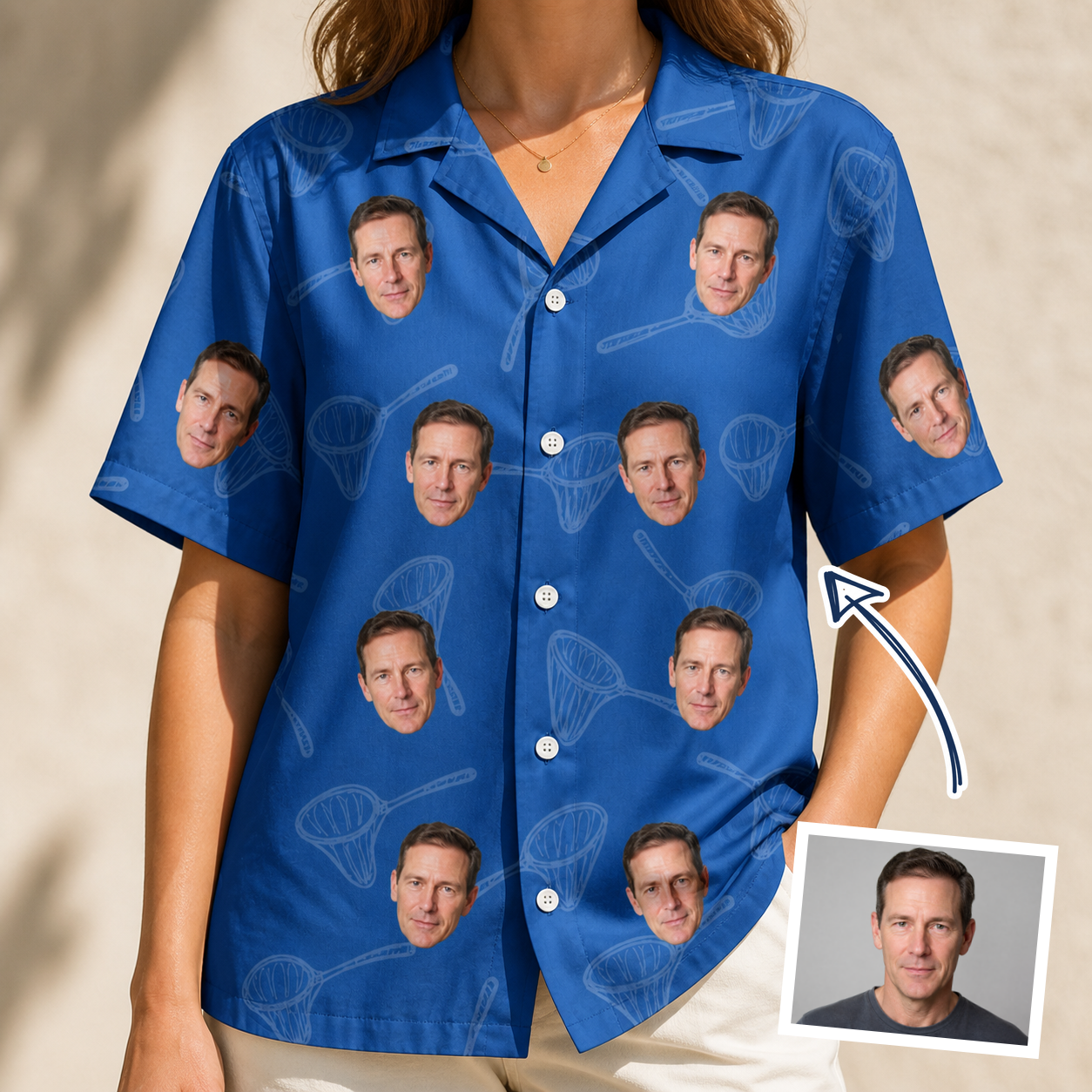 Woman wearing Women's Net Results Custom Face Hawaiian Shirt — custom faces printed all-over