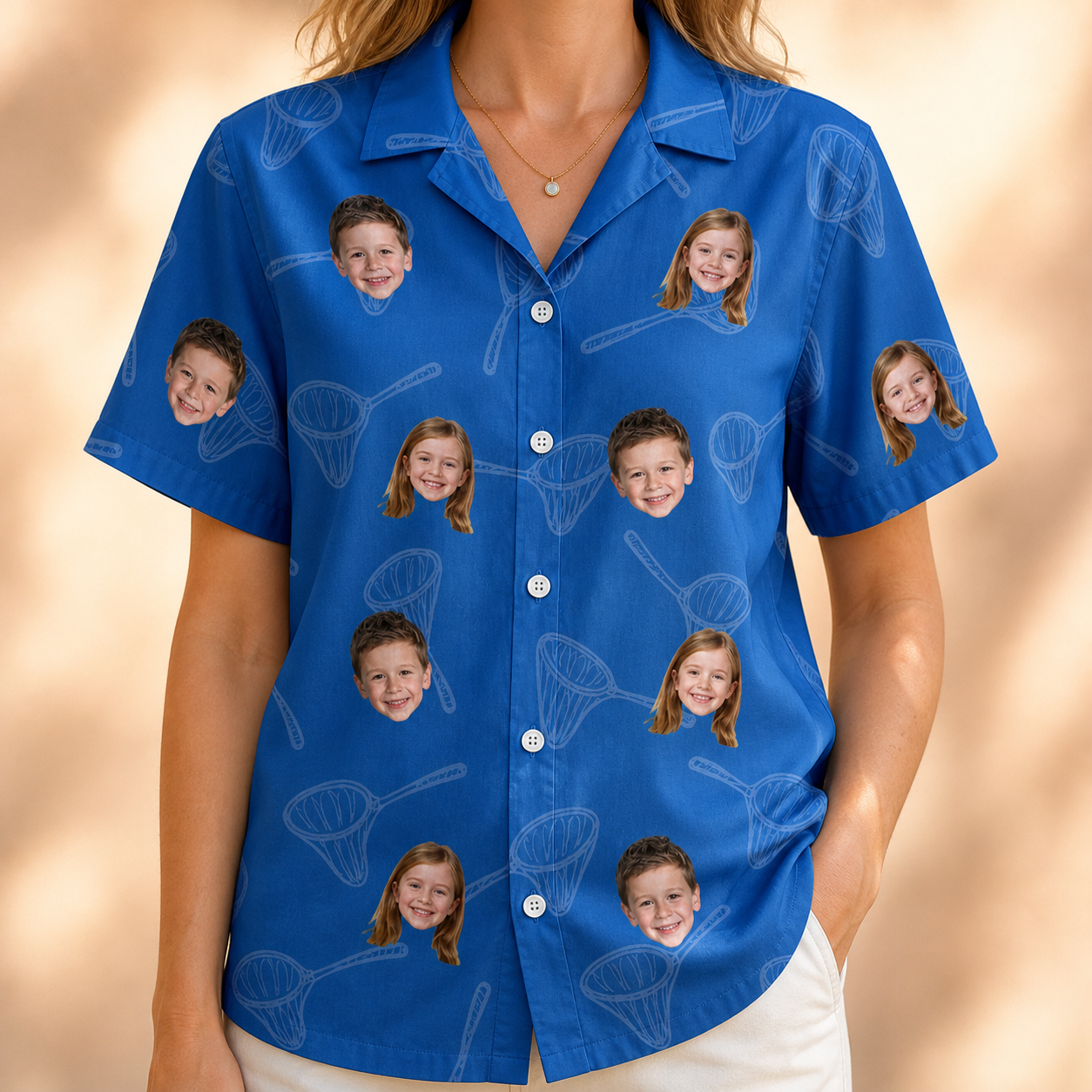 Model wearing Women's Net Results Custom Face Hawaiian Shirt printed with kids' faces