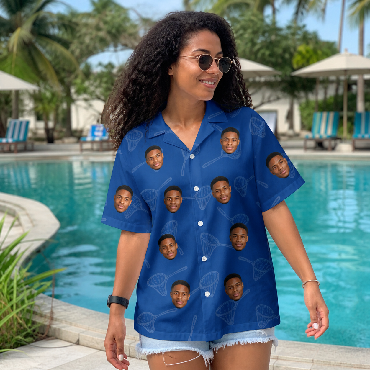 Real-life photo of someone wearing Women's Net Results Custom Face Hawaiian Shirt — custom faces printed all-over