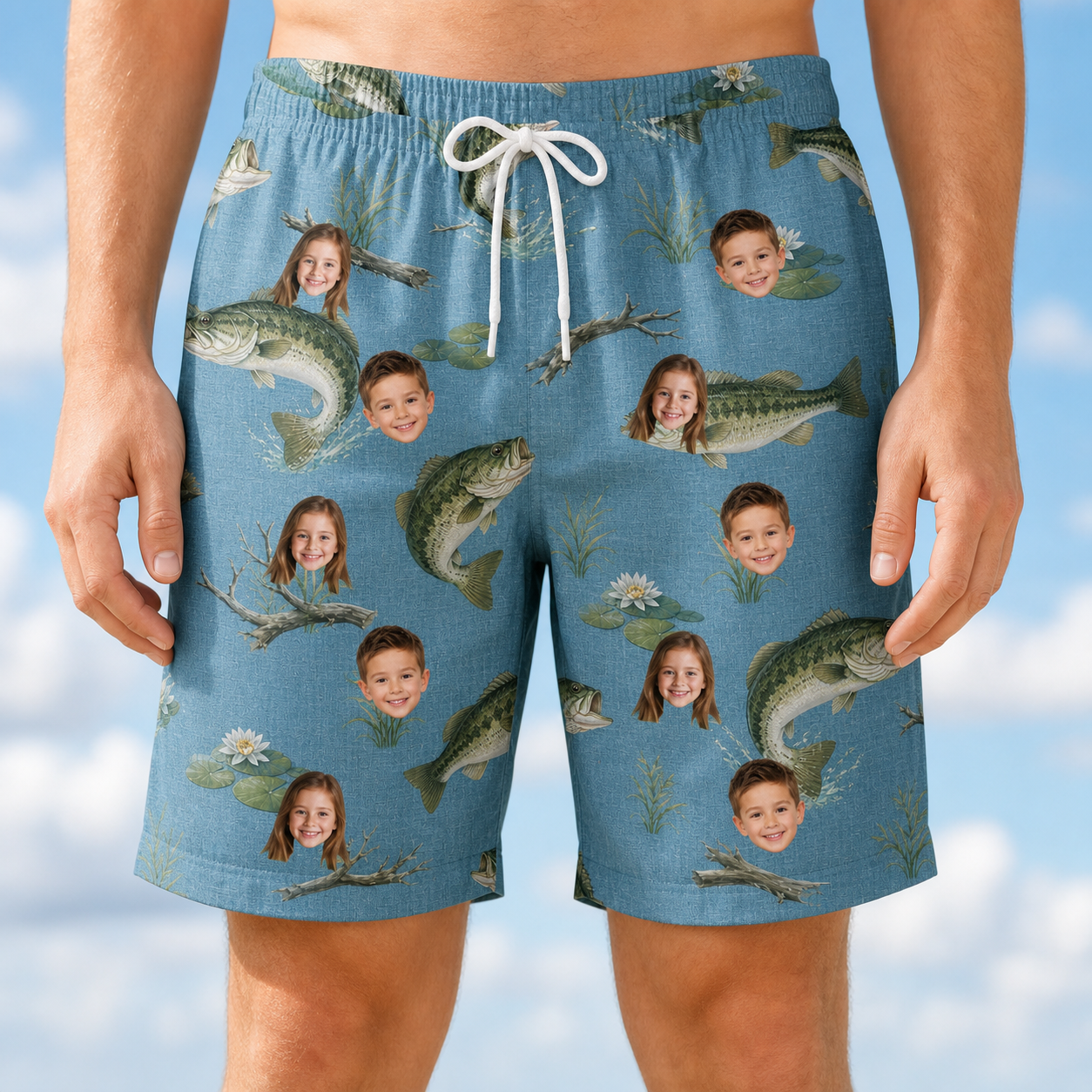 Model wearing Men's Pond Prowlers Custom Face Beach Shorts printed with kids' faces