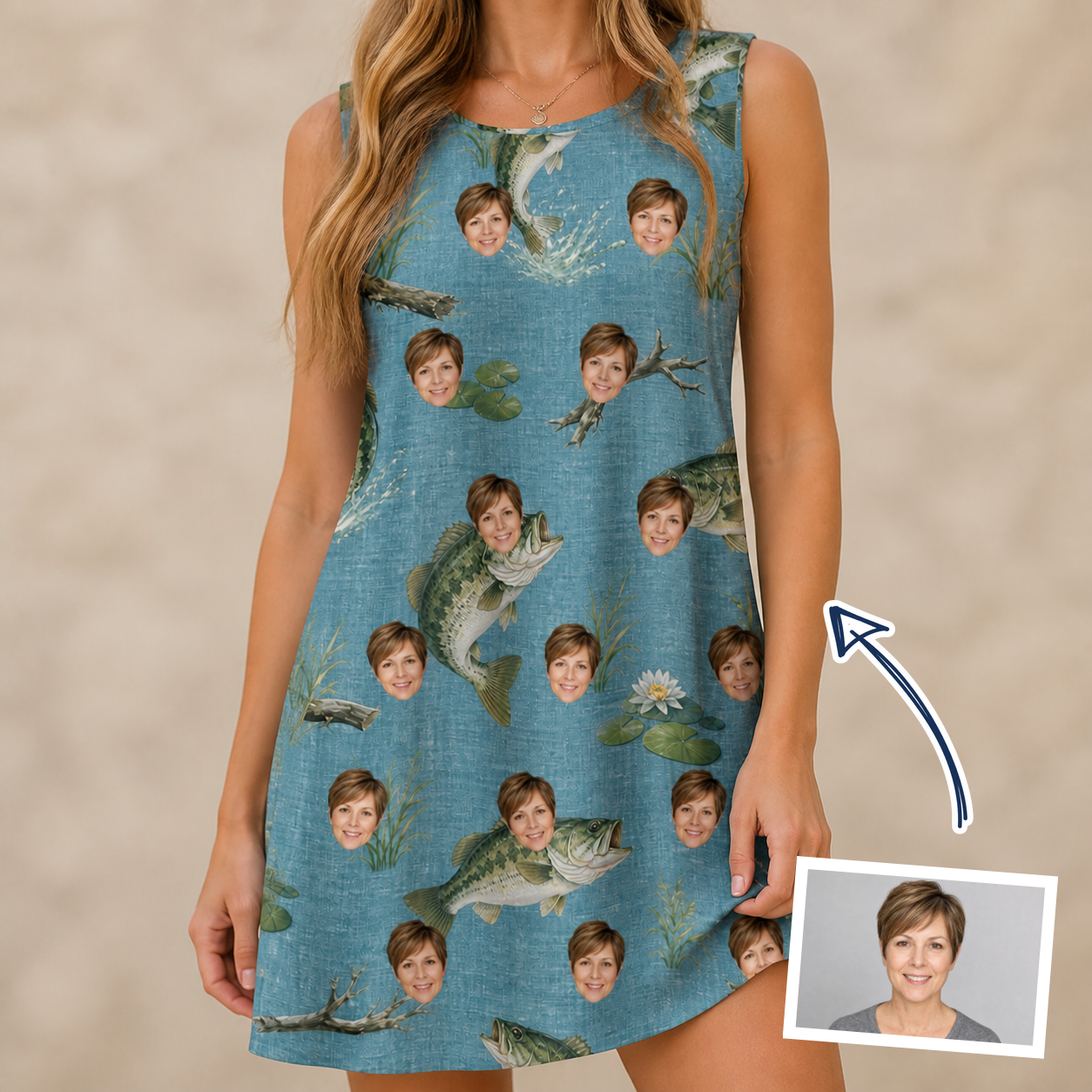 Woman wearing Women's Pond Prowlers Custom Face Tank Dress — custom faces printed all-over