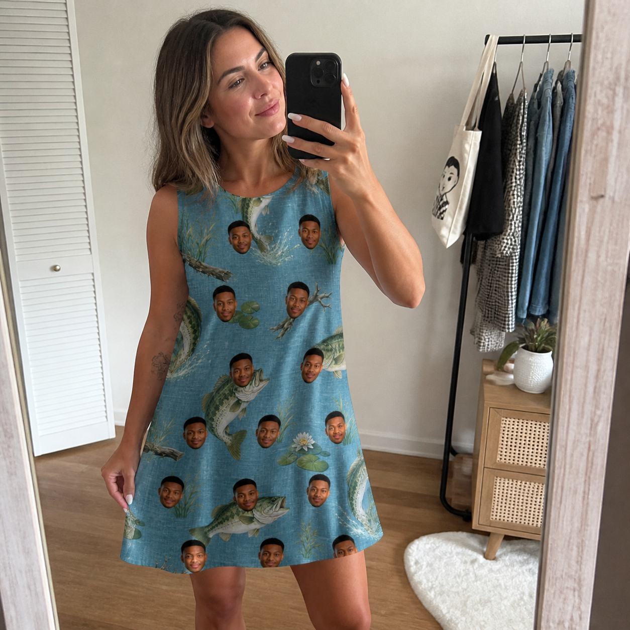 Real-life photo of someone wearing Women's Pond Prowlers Custom Face Tank Dress — custom faces printed all-over