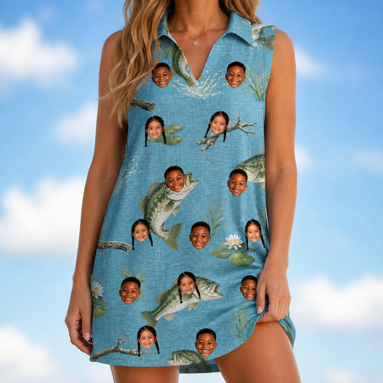 Model wearing Women's Pond Prowlers Custom Face V-Neck Dress printed with kids' faces