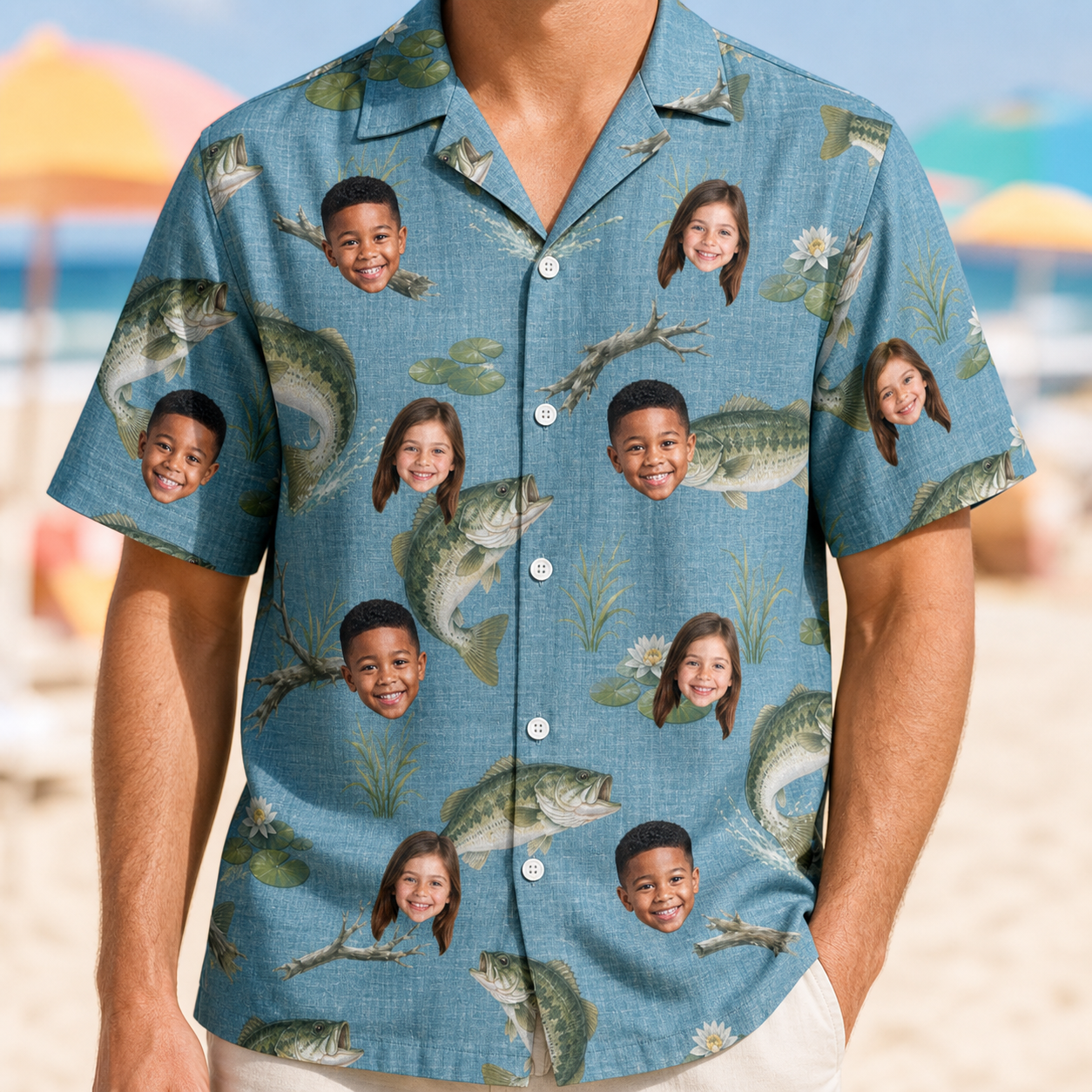 Model wearing Men's Pond Prowlers Custom Face Hawaiian Shirt printed with kids' faces
