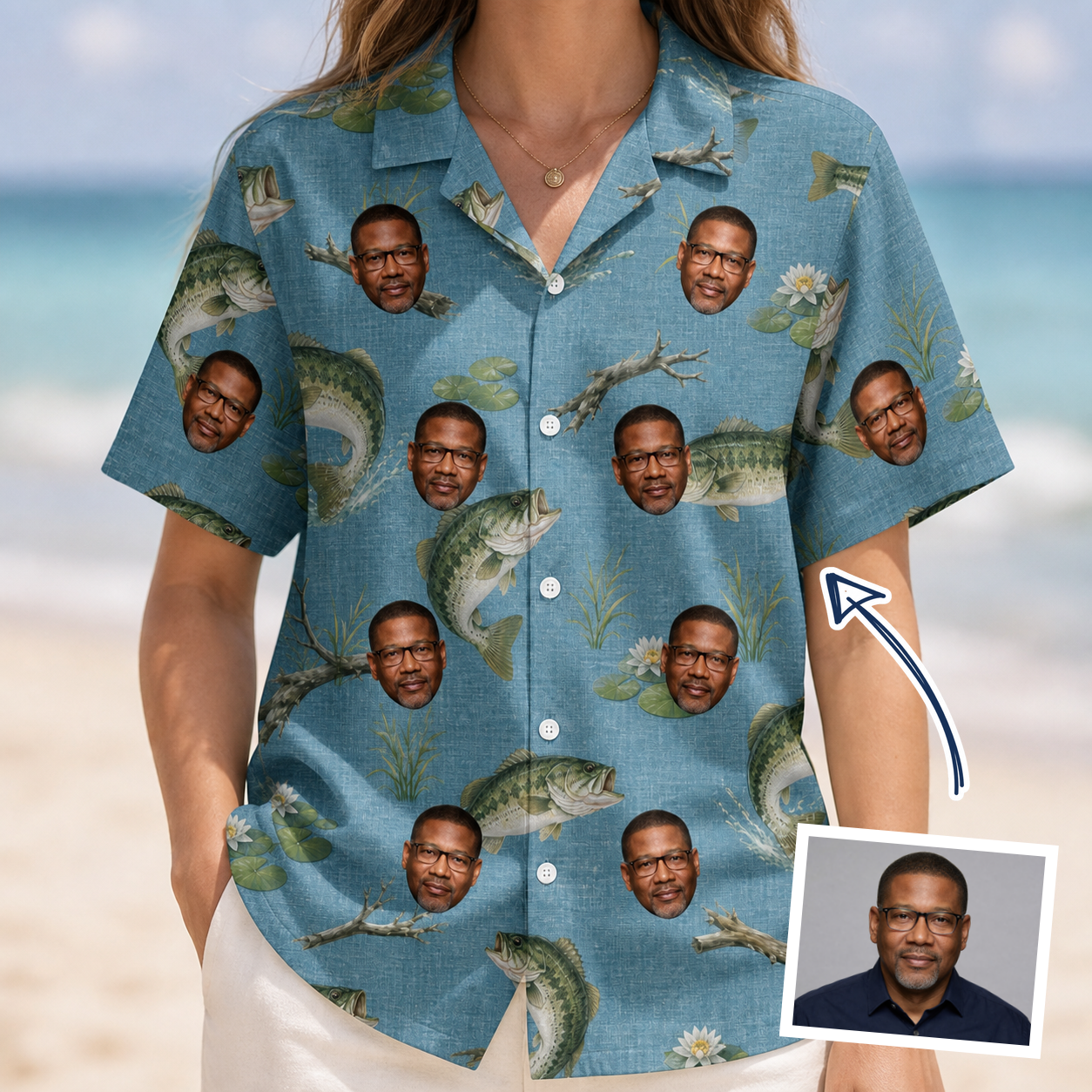 Woman wearing Women's Pond Prowlers Custom Face Hawaiian Shirt — custom faces printed all-over