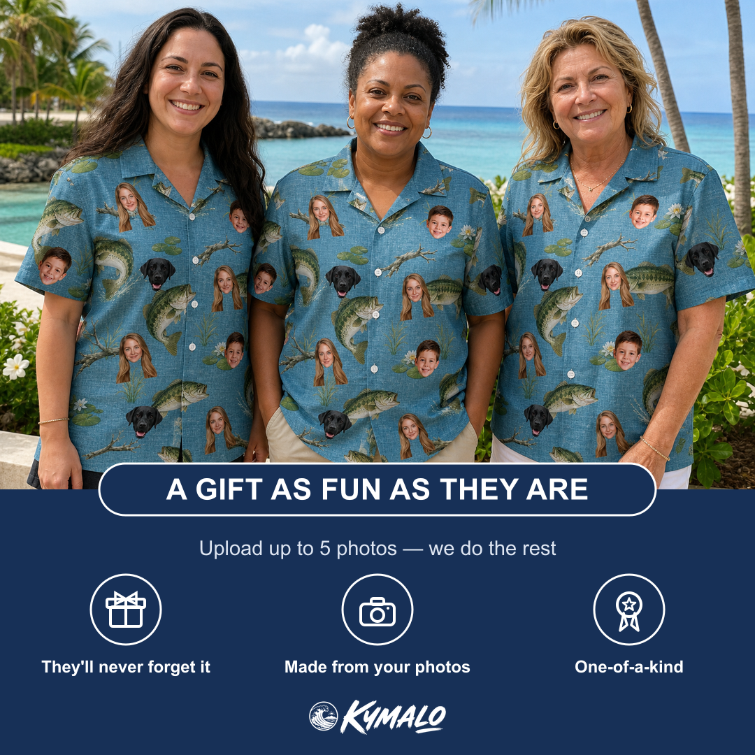 Friends in matching Women's Pond Prowlers Custom Face Hawaiian Shirt — a group gift photo