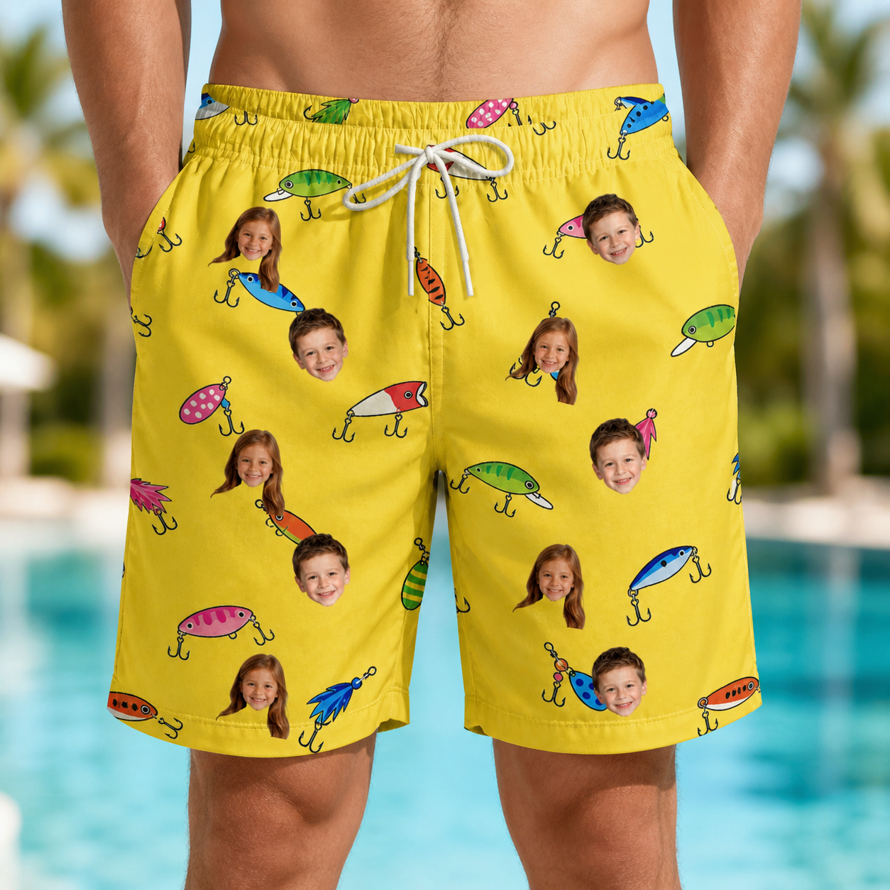Model wearing Men's Twitchy Treasures Custom Face Beach Shorts printed with kids' faces