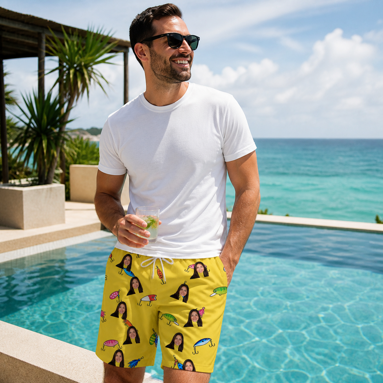 Real-life photo of someone wearing Men's Twitchy Treasures Custom Face Beach Shorts — custom faces printed all-over