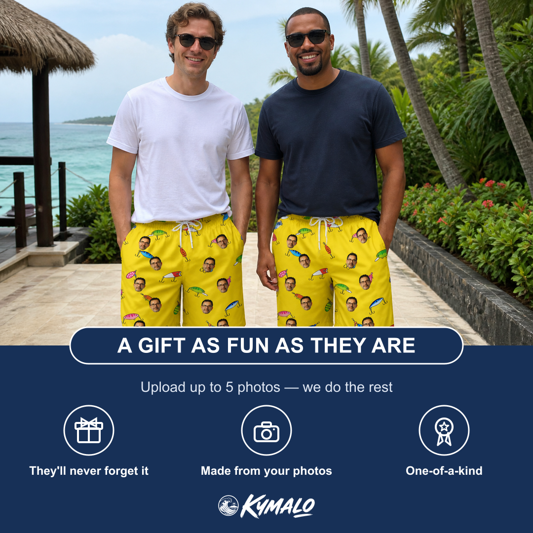 Friends in matching Men's Twitchy Treasures Custom Face Beach Shorts — a group gift photo