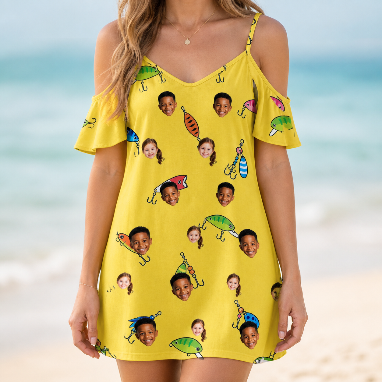Model wearing Women's Twitchy Treasures Custom Face Off-Shoulder Dress printed with kids' faces