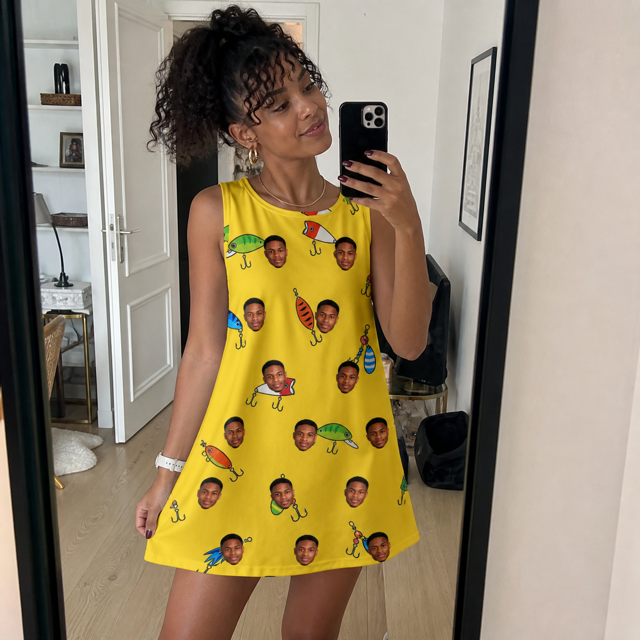 Real-life photo of someone wearing Women's Twitchy Treasures Custom Face Tank Dress — custom faces printed all-over