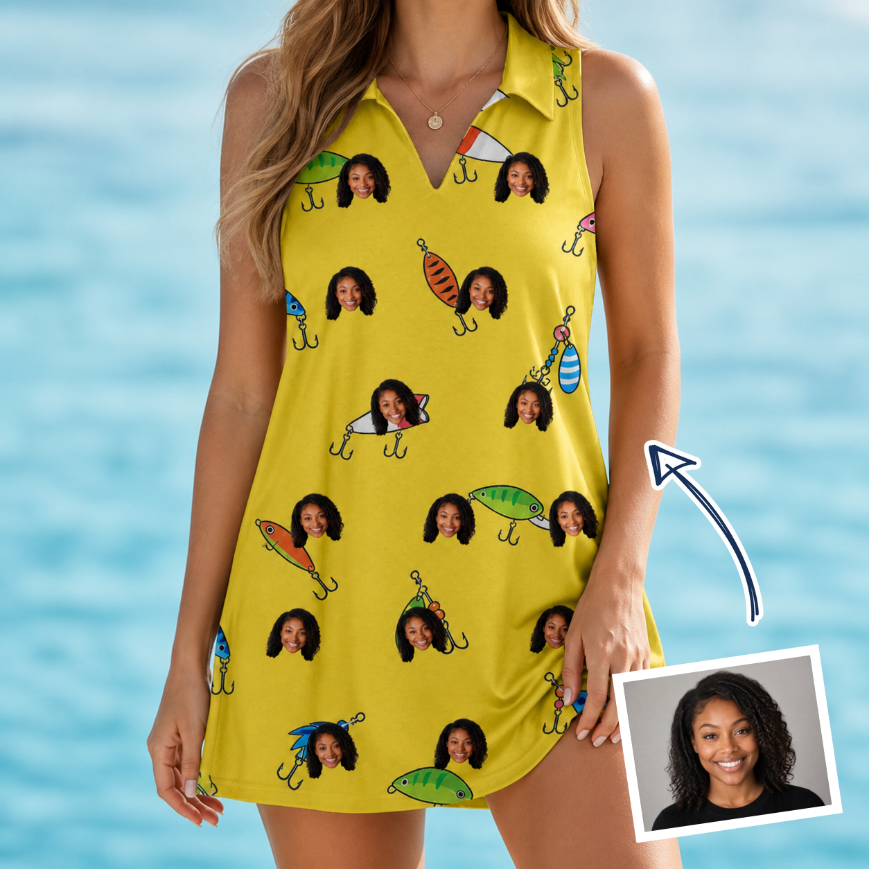 Woman wearing Women's Twitchy Treasures Custom Face V-Neck Dress — custom faces printed all-over