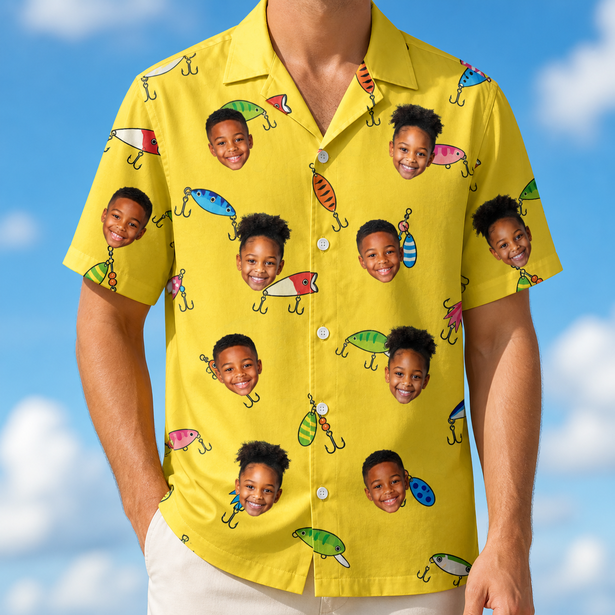 Model wearing Men's Twitchy Treasures Custom Face Hawaiian Shirt printed with kids' faces