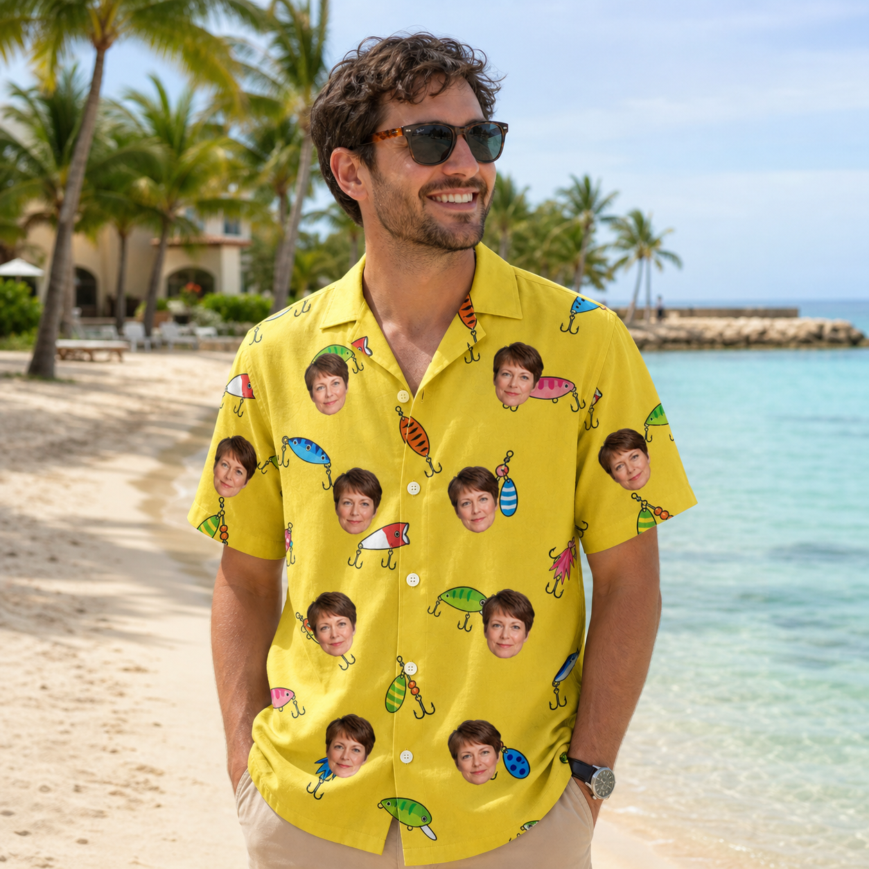 Real-life photo of someone wearing Men's Twitchy Treasures Custom Face Hawaiian Shirt — custom faces printed all-over