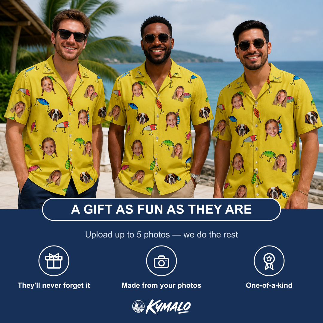 Friends in matching Men's Twitchy Treasures Custom Face Hawaiian Shirt — a group gift photo