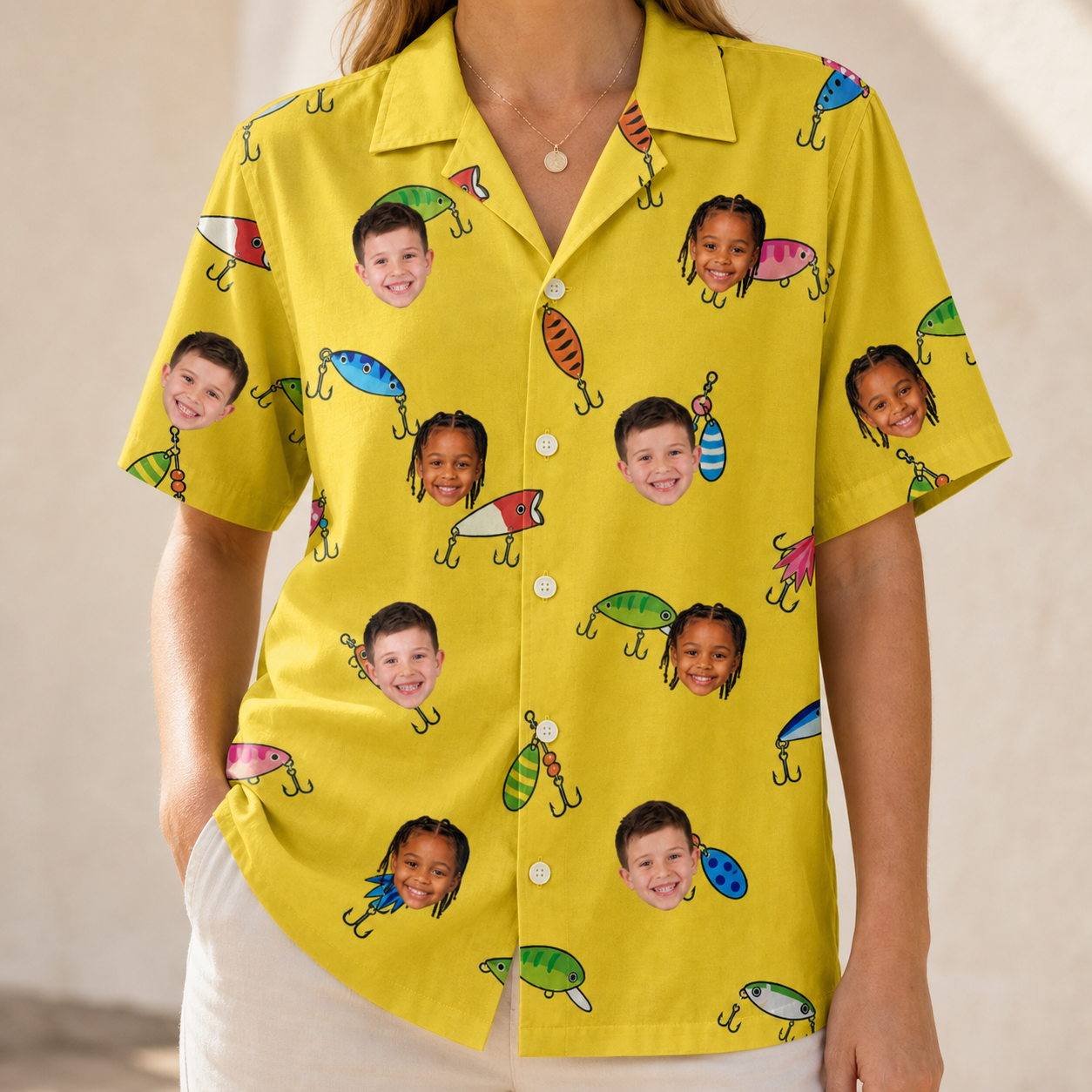Model wearing Women's Twitchy Treasures Custom Face Hawaiian Shirt printed with kids' faces