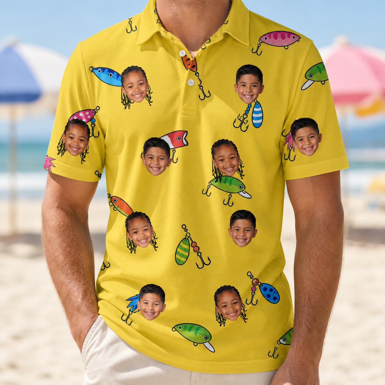 Model wearing Men's Twitchy Treasures Custom Face Polo Shirt printed with kids' faces