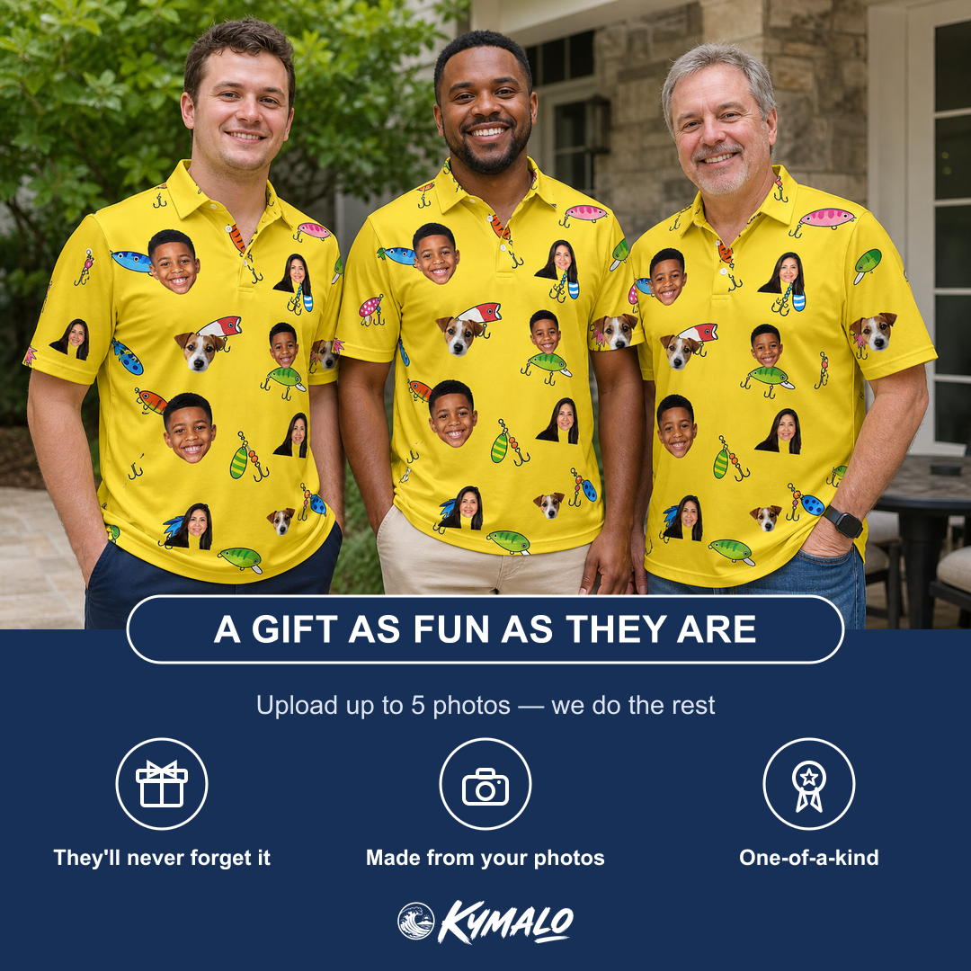 Friends in matching Men's Twitchy Treasures Custom Face Polo Shirt — a group gift photo