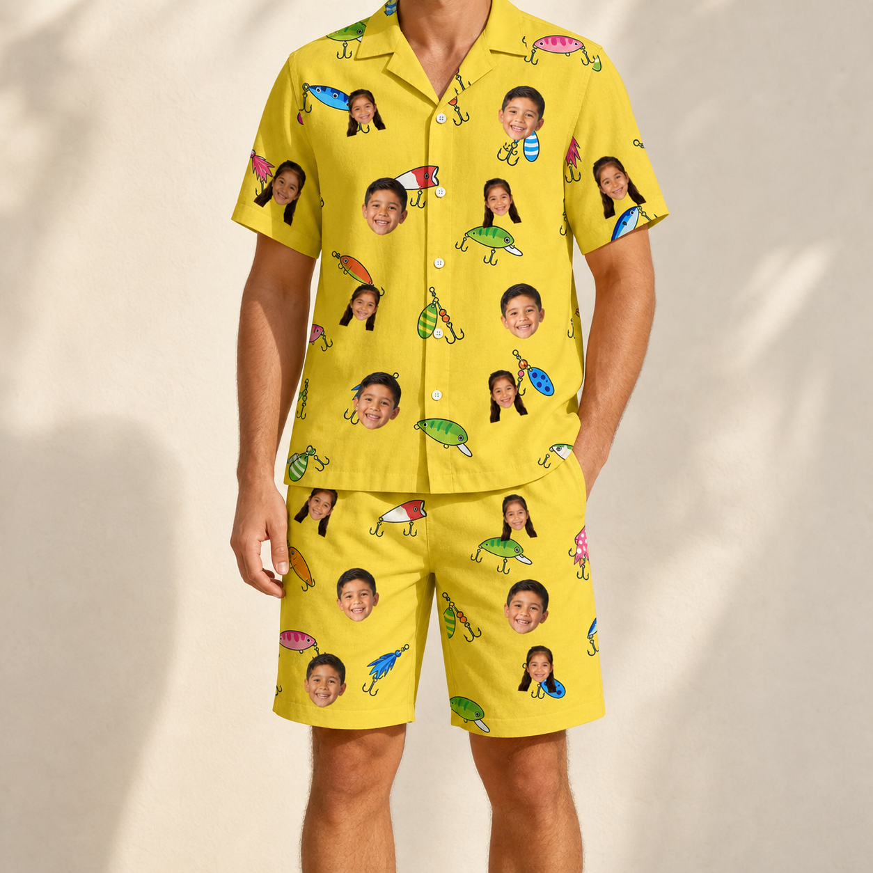 Model wearing Men's Twitchy Treasures Custom Face Shirt & Shorts Set printed with kids' faces