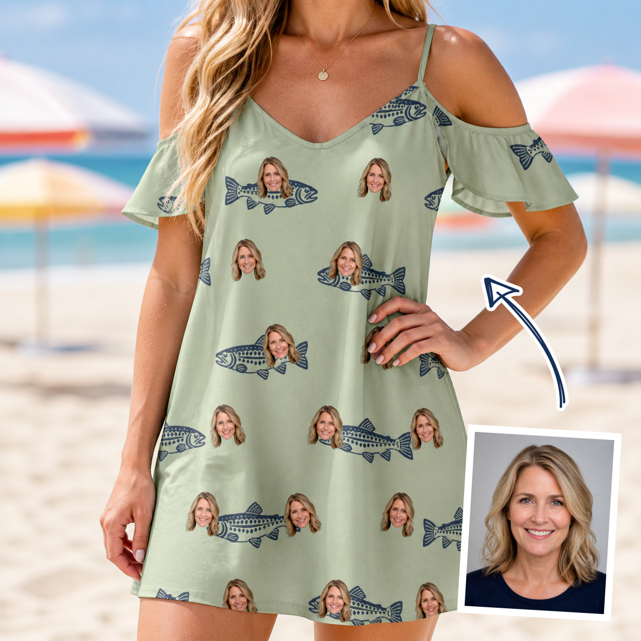 Woman wearing Women's Gill Giggles Custom Face Off-Shoulder Dress — custom faces printed all-over