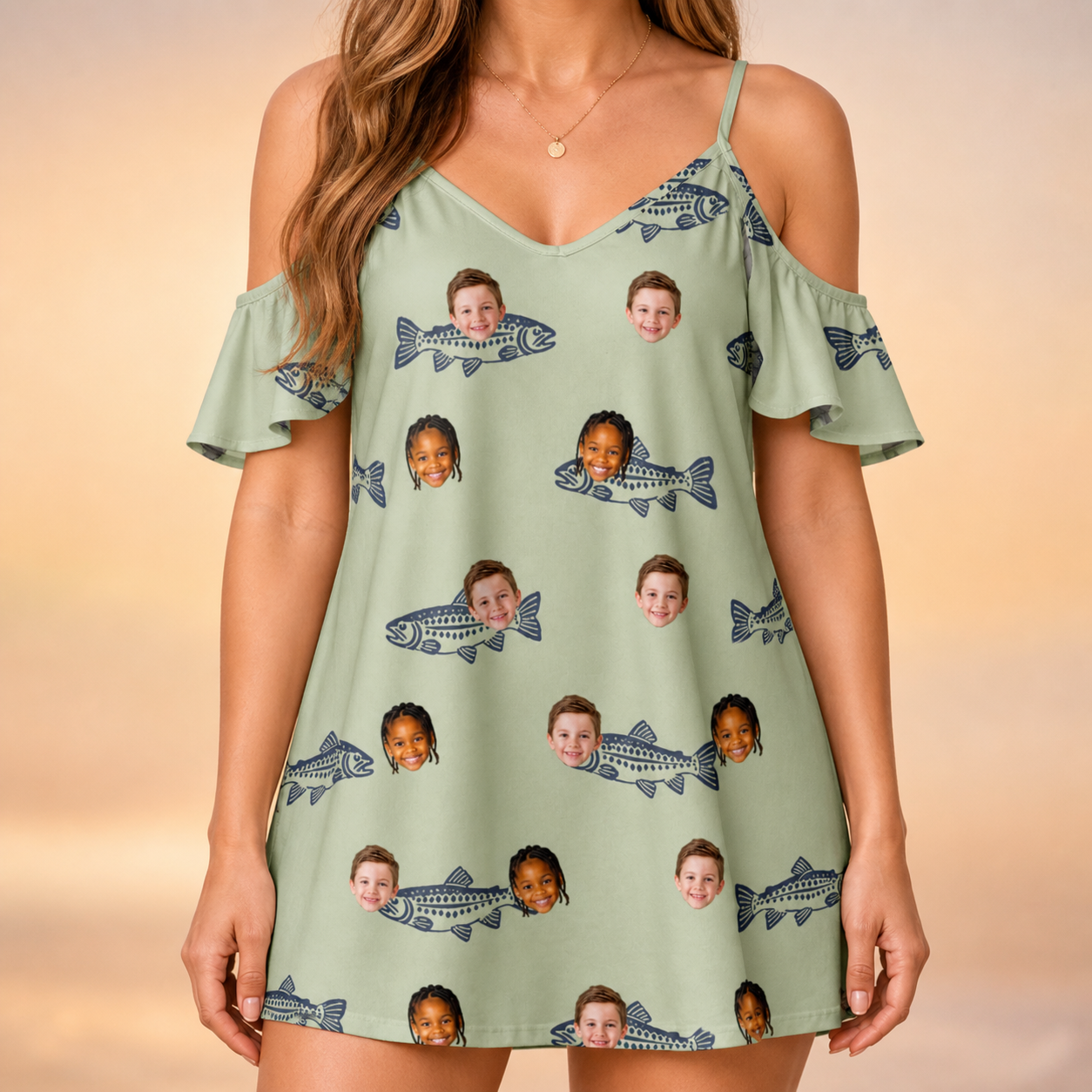 Model wearing Women's Gill Giggles Custom Face Off-Shoulder Dress printed with kids' faces