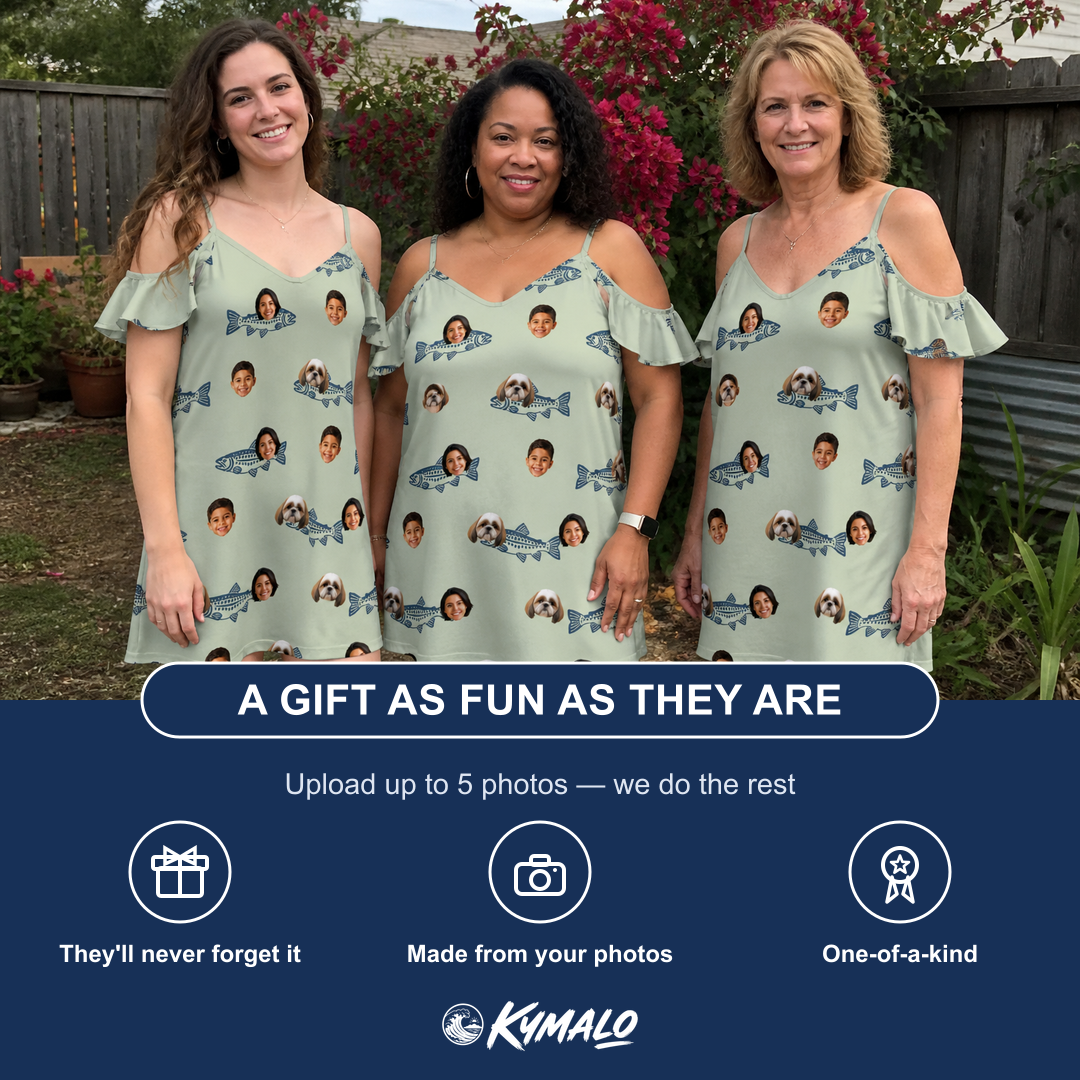 Friends in matching Women's Gill Giggles Custom Face Off-Shoulder Dress — a group gift photo