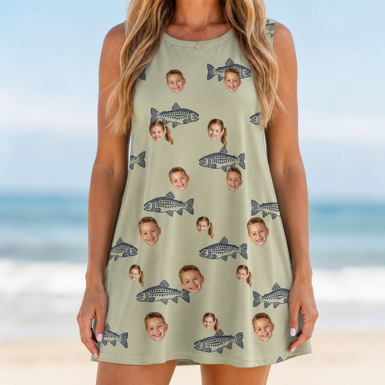 Model wearing Women's Gill Giggles Custom Face Tank Dress printed with kids' faces