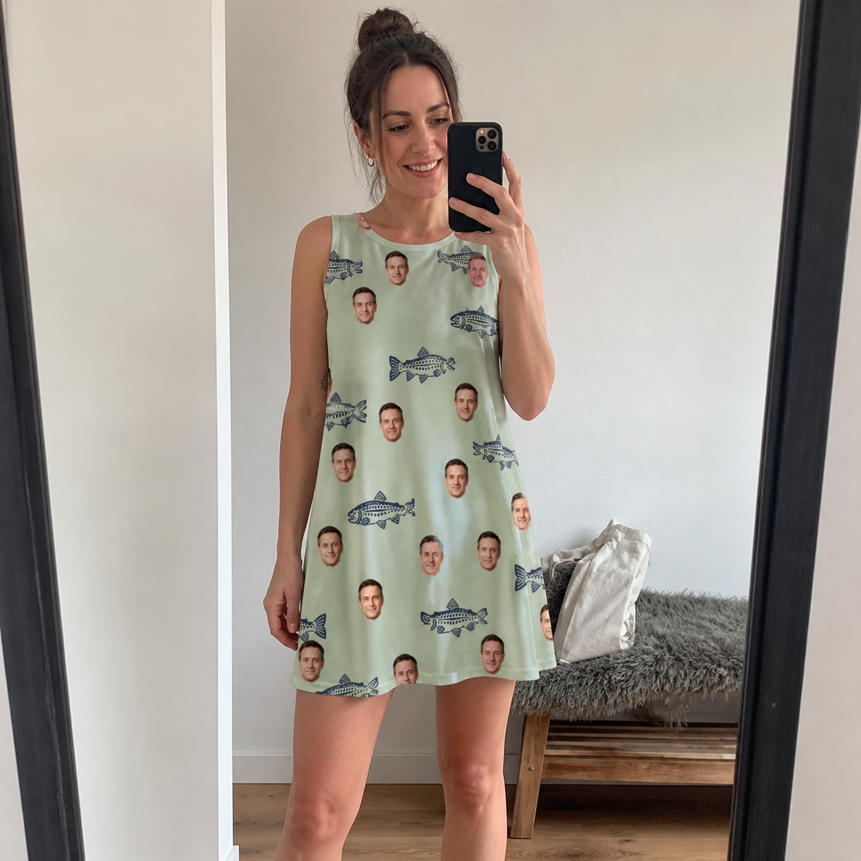 Real-life photo of someone wearing Women's Gill Giggles Custom Face Tank Dress — custom faces printed all-over