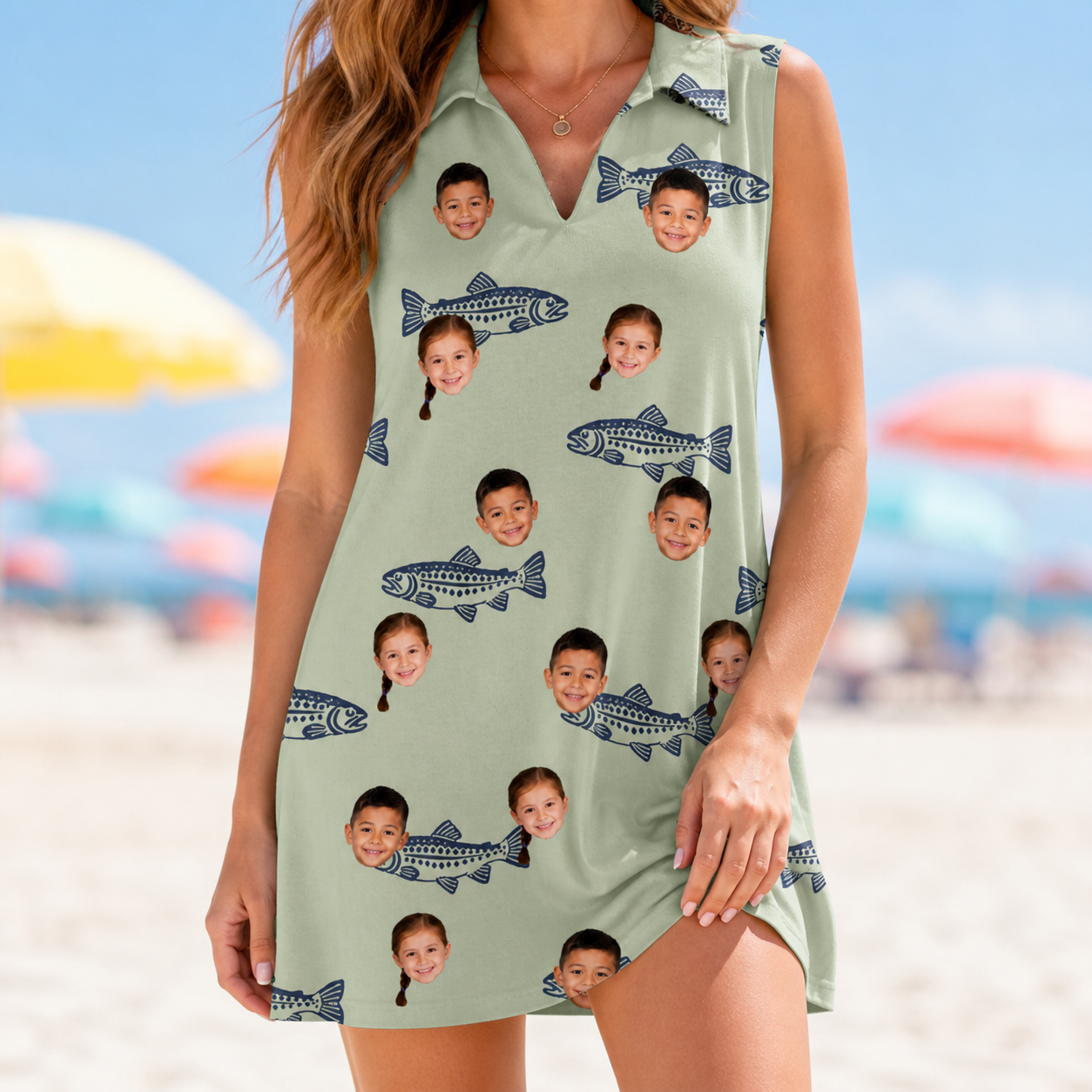 Model wearing Women's Gill Giggles Custom Face V-Neck Dress printed with kids' faces
