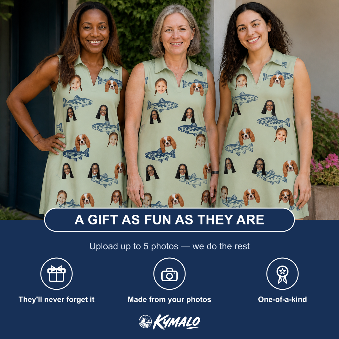 Friends in matching Women's Gill Giggles Custom Face V-Neck Dress — a group gift photo