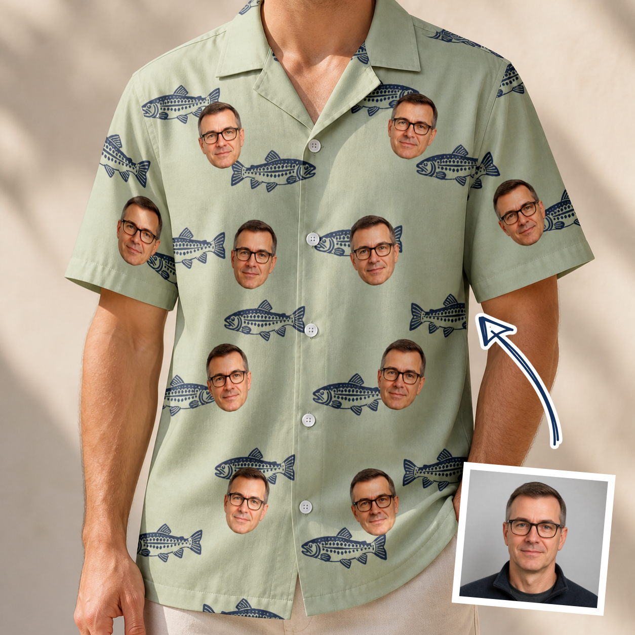 Man wearing Men's Gill Giggles Custom Face Hawaiian Shirt — custom faces printed all-over