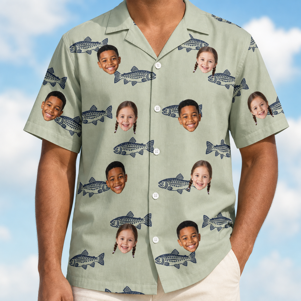 Model wearing Men's Gill Giggles Custom Face Hawaiian Shirt printed with kids' faces