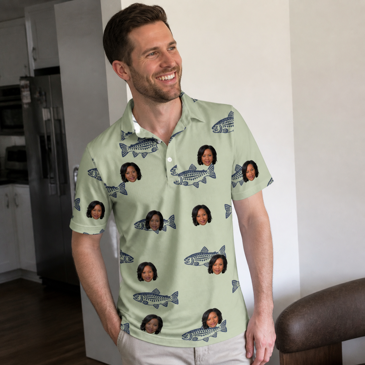 Real-life photo of someone wearing Men's Gill Giggles Custom Face Polo Shirt — custom faces printed all-over