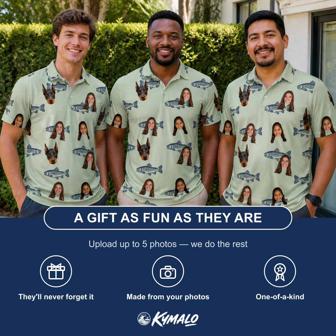 Friends in matching Men's Gill Giggles Custom Face Polo Shirt — a group gift photo