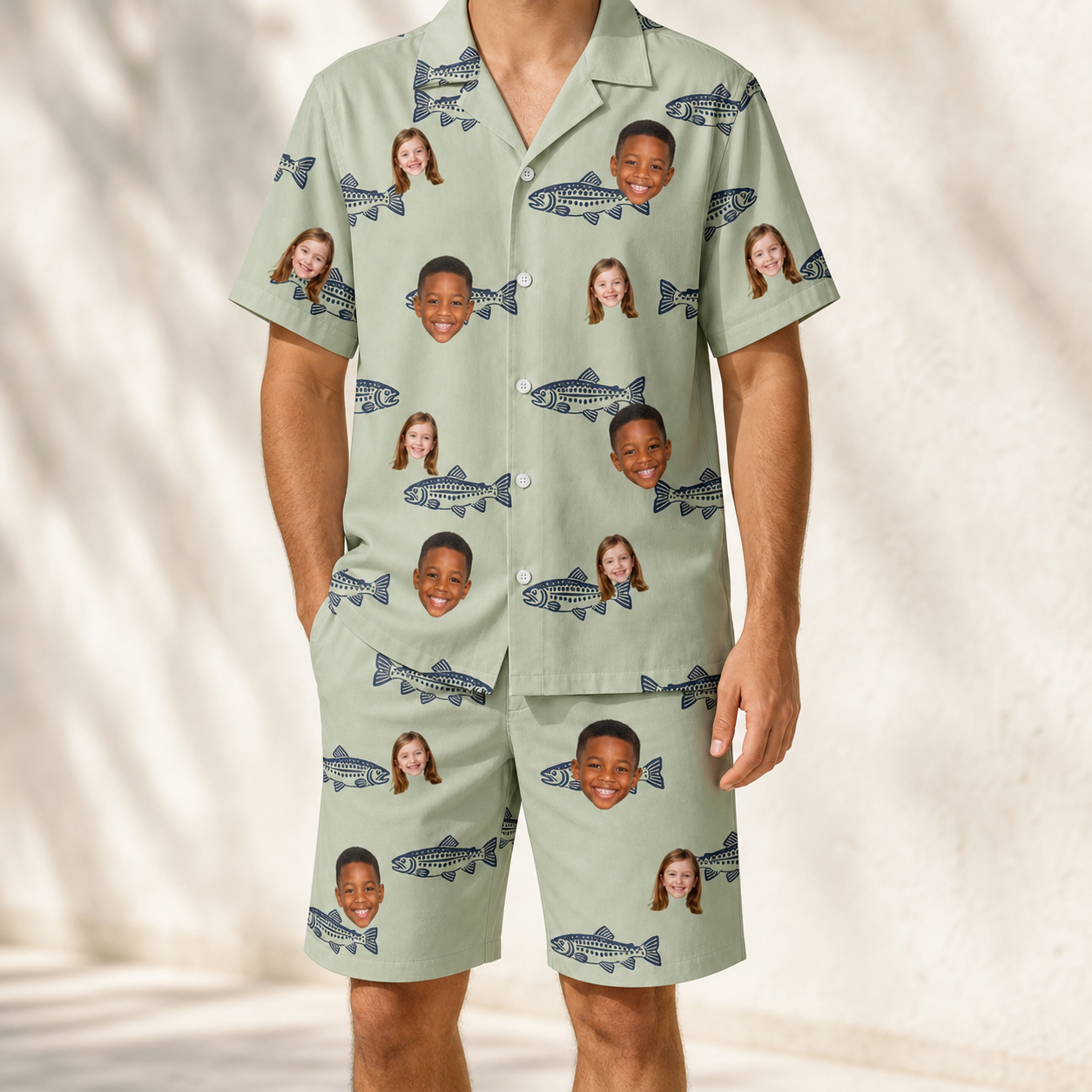 Model wearing Men's Gill Giggles Custom Face Shirt & Shorts Set printed with kids' faces