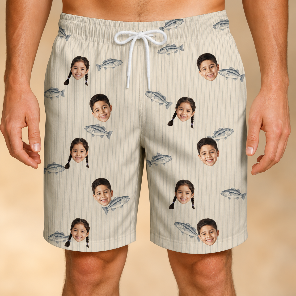 Model wearing Men's Lunker Lunacy Custom Face Beach Shorts printed with kids' faces