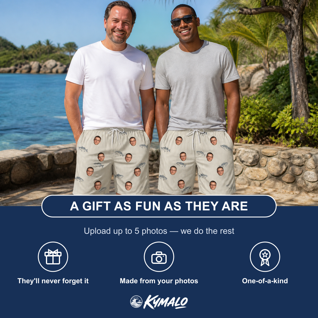 Friends in matching Men's Lunker Lunacy Custom Face Beach Shorts — a group gift photo