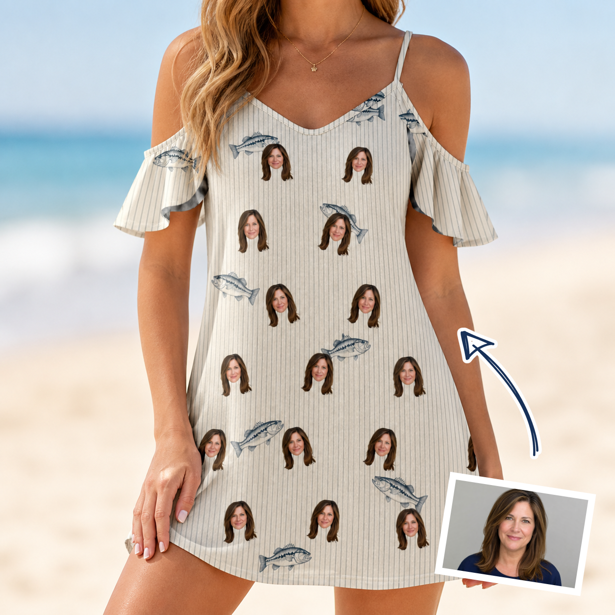 Woman wearing Women's Lunker Lunacy Custom Face Off-Shoulder Dress — custom faces printed all-over